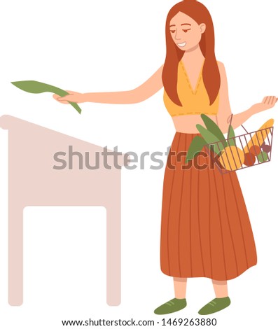 Girl is shopping on white background. Flat cartoon vector illustration.