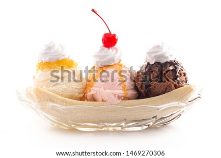 Classic Banana Split Isolated on a White Background Royalty-Free Stock Photo #1469270306