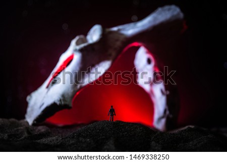 Artwork decoration with animal bone. Silhouette in an underground abandoned crypt. man standing in front of a cave entrance. Selective focus