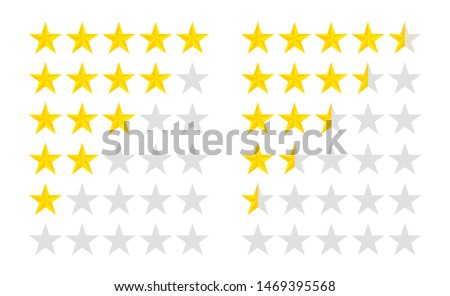 Set of stars rating. Customer review with gold star icon. 5 stars and half assessment of customer in flat style. Feedback concept. Quality rank. Customer review.  Appraisal rank. vector eps10