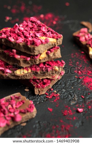 broken chocolate bar with dried pieces of raspberry