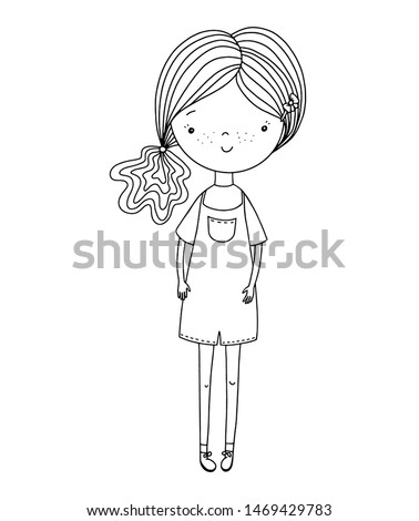 Black and white outline portrait of a girl for coloring book. Funny cartoon female character. Vector illustration.