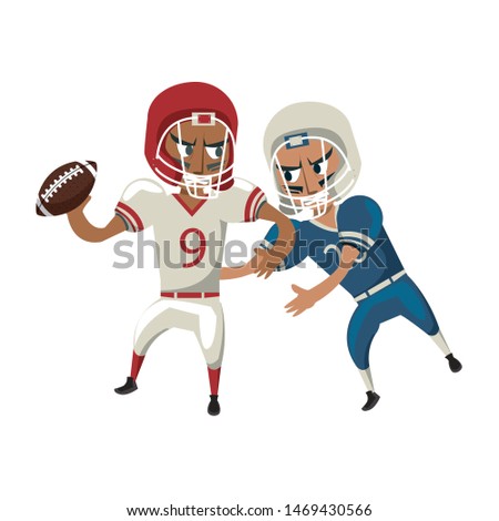 american football sport game competition, players champions men rivals playing hard in offense and defense position with ball cartoon vector illustration graphic design