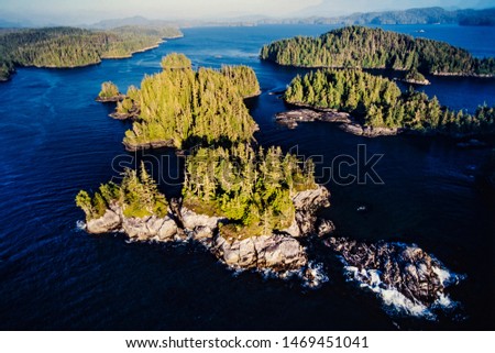 Aerial image of the Broughton Archipelago group of islands on the coast of British Columbia Canada