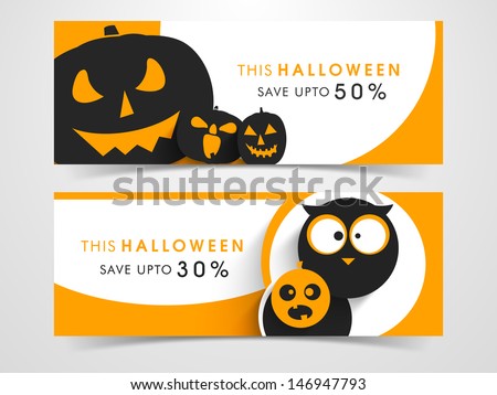 Website scary header or banner set with Halloween pumpkins and owl.