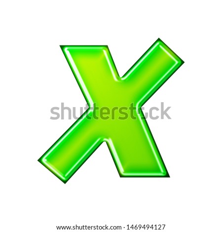 Glossy green metallic letter X in a 3D illustration with a shiny glass metal effect and bright green color in a jagged edge font isolated on a white background