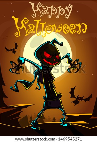 Halloween cartoon scary pumpkin head scarecrow jack o lantern illustration
