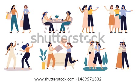 Women friends. Girlfriends spend time together, walking with friend and young girls with pillow fighting. Powerful women standing, dancing and friendship hugging vector illustration set Royalty-Free Stock Photo #1469571332
