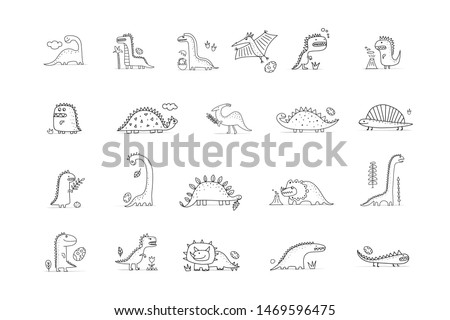 Funny dinosaurs collection, childish style. Coloring page for your design