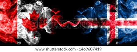 Canada vs Iceland, Icelandic smoky mystic flags placed side by side. Thick colored silky smoke flags of Canadian and Iceland, Icelandic