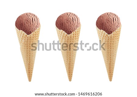 Set of three chocolate ice cream in crisp waffle cones isolated on white background, mock up for design.
