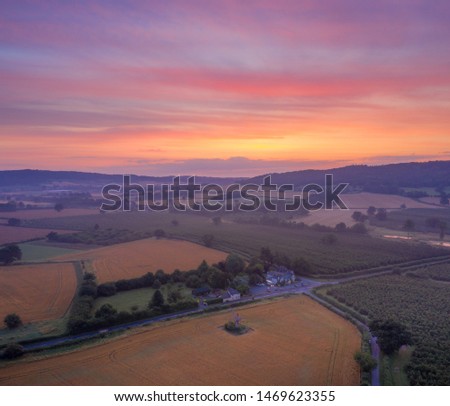 Golden hour from above over countryside in England