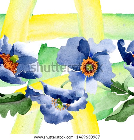 Blue poppy floral botanical flowers. Wild spring leaf wildflower. Watercolor illustration set. Watercolour drawing fashion aquarelle. Seamless background pattern. Fabric wallpaper print texture.
