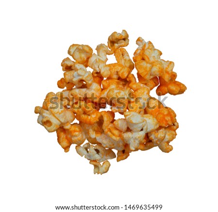 Photo for developers.Picture of the background cut-out only do not adjust the light and colour process. Popcorn hot spicy stack isolated on white background.top view.