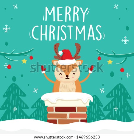 Merry Christmas Cartoon Vector Graphic - Cute Deer in Chimney Illustration - Green Greeting Cards Vector