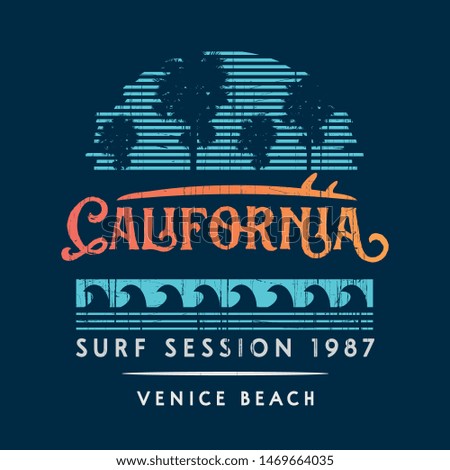 Vector illustration on the theme of surf and surfing in California, Venice beach. Vintage design. Grunge background. Typography, t-shirt graphics, print, poster, banner, flyer, postcard