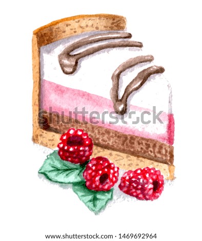 Colorful watercolor drawing piece of cake with raspberries