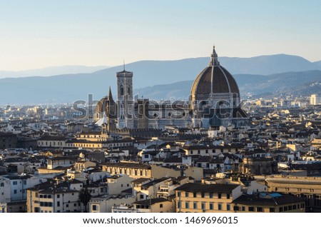 Panoramic view of Florence at sunset to Cathedral of Santa Maria del Fiore (Duomo) from Piazzale Michelangelo, Florence, Italy