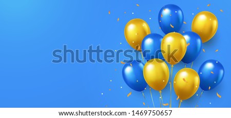 Greeting design in national blue and yellow colors with realistic flying helium balloons. Celebration, festival background, greeting banner, card, poster.