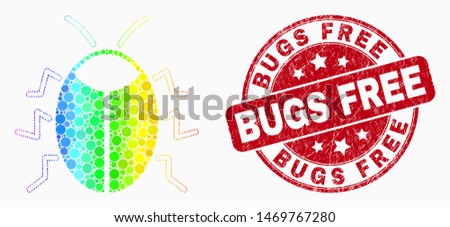 Dot rainbow gradiented bug mosaic icon and "Bugs Free" seal stamp. Red vector round scratched stamp with "Bugs Free" title. Vector collage in flat style. Colorful gradient bug mosaic of random spheres,