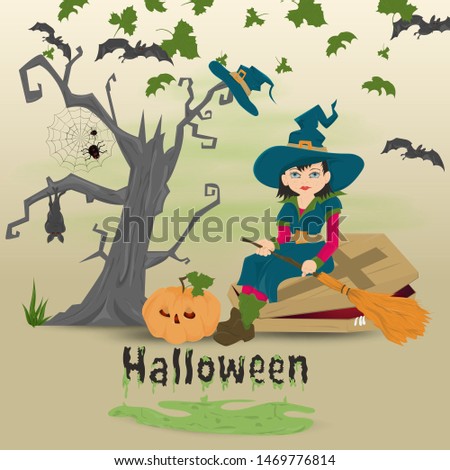 childrens illustration in the style of flat, on the eve of all saints day, Halloween, scary tree, a witch with a broom sitting on a coffin vector EPS 10