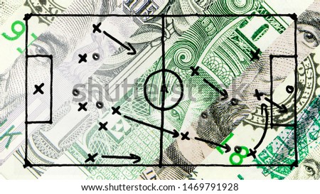 closeup of american dollar forming diagonal strips with the picture of soccer football filed with play tactics and strategy drawn on it