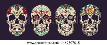 Vintage colorful mexican sugar skulls collection with traditional floral and spiderweb ornaments isolated vector illustration