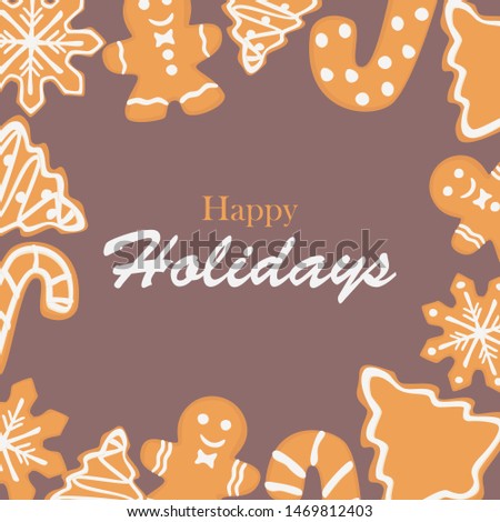 Vector happy holidays card, simple cartoon design with cookies.