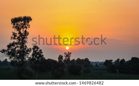 morning sun rising with yellowish and reddish hue in the sky and lush greenery in the foreground. Perfect picture to show sunset or sunrise and to be used as wallpaper and as natural scenery landscape