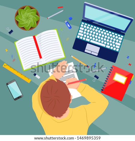 Child at the table with school supplies doing homework. Student with a pencil in his hands. Study vector concept Royalty-Free Stock Photo #1469895359