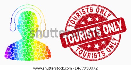 Pixel spectral radio operator mosaic pictogram and Tourists Only seal stamp. Red vector rounded distress stamp with Tourists Only title. Vector combination in flat style.