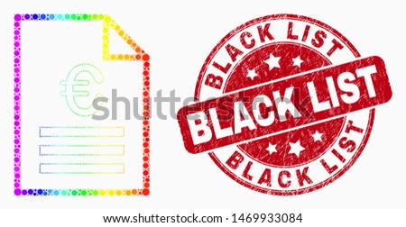 Dot spectrum euro price page mosaic pictogram and Black List seal stamp. Red vector rounded distress watermark with Black List title. Vector composition in flat style.