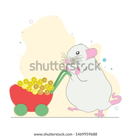Greedy white metal rat with loads of gold coins. Wealth concept. Vector Illustration