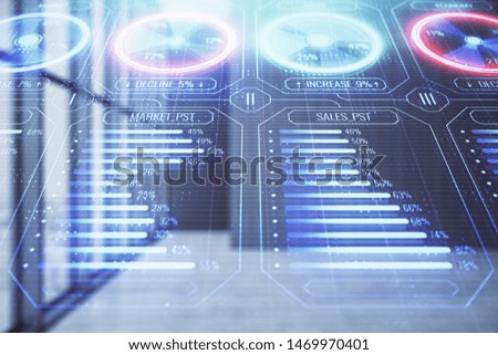 Double exposure of business theme hologram on empty room interior background. Business concept