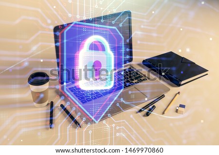 Lock sign hologram with desktop office background. Double exposure. Concept of network protection