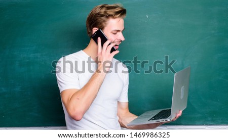 Digital concept. Online communications. School teacher with laptop. Advantage mobile internet. Handsome man use modern technologies. Digital technology. Digital sciences. Programming web development.