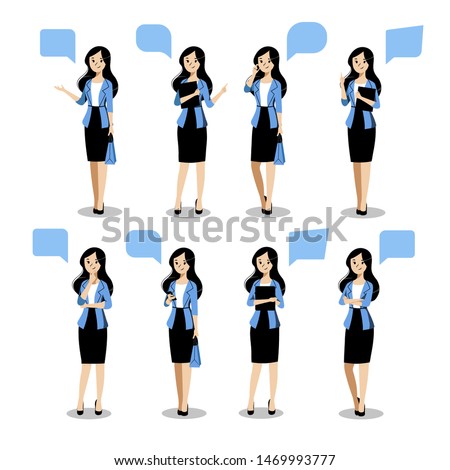 Young business woman set in different poses, on white background. Vector flat illustration. Female cartoon character in blue blazer and black skirt, isolated design elements.