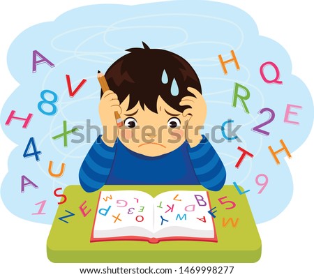 Confused kid looking at letters and numbers flying out of a book