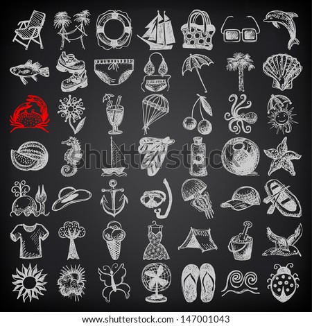 49 hand draw sketch summer icons collection on black background