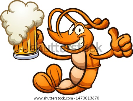 Happy cartoon shrimp holding a beer clip art. Vector illustration with simple gradients. Shrimp and beer on different layer. 
