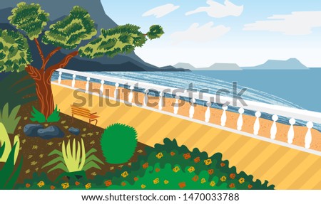 Landscape by the sea. Seafront. Imitation of watercolor. Summer landscape. Vector illustration