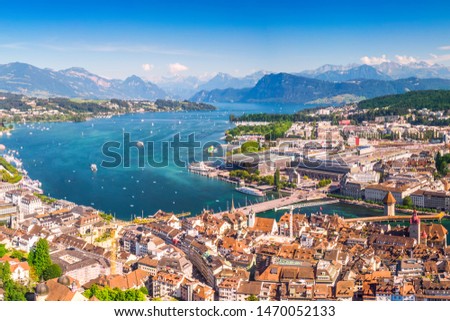 Historic city center of Lucerne with famous Chapel Bridge and lake Lucerne (Vierwaldstattersee), Canton of Luzern, Switzerland Royalty-Free Stock Photo #1470052133