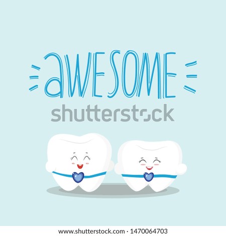 vector colorful illustration of a couple of fantastic white smiling teeth augmented with Awesome sign. 
