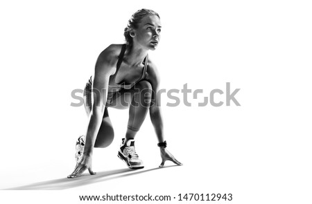 Sports background. Runner on the start. Black and white image isolated on white. Royalty-Free Stock Photo #1470112943