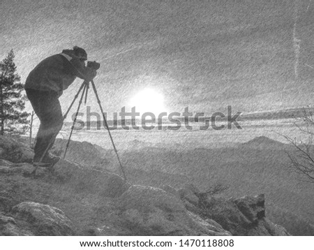 Photographer or videographer traveler thinking and set tripod for digital camera. Black and white dashed pencil sketch effect. 