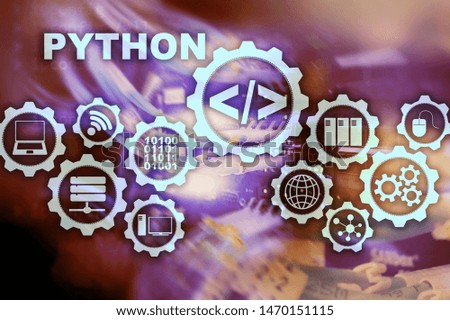 Python Programming Language on server room background. Programing workflow abstract algorithm concept on virtual screen