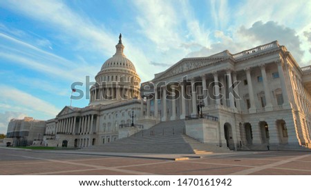 Hero shot of the United States of America (US) National Capitol Building in the Nation's capital, Washington, District of Columbia (DC.) This landmark is located in the Capitol Hill / National Mall.