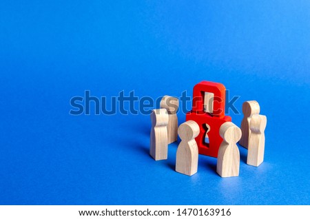 Wooden figures of people surround red padlock. concept of protection of personal data trade secrets, dedication to secrets. Preservation of secrets. Bank secrecy. Protection of information networks. Royalty-Free Stock Photo #1470163916