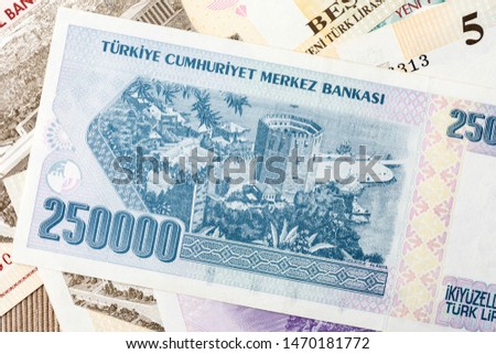 Close up of 250,000 TL old banknote rear.. Turkish lira is the national currency of Turkey.
