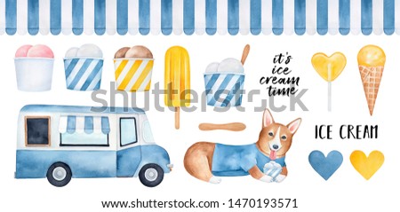 Big pack of various yummy ice cream products, funny corgi puppy character, restaurant car, striped seamless awning pattern, wooden stick, hearts, text phrases. Hand drawn watercolour graphic drawing.